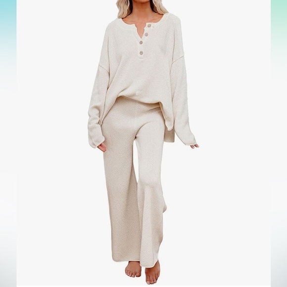 Boutique Cream Knit Loungewear Set Long Sleeve Top and Pants Size L - Picture 1 of 11
